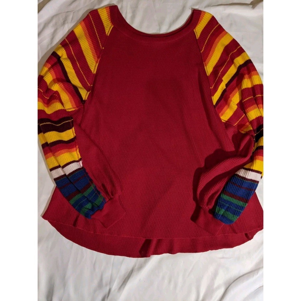 Free People Women's Top Rainbow‎ Dreams Size  Small Balloon Sleeves Knit Red